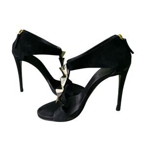 Giuseppe Zanotti Pyramid Black Suede Strap Platform Heels Size 38.5